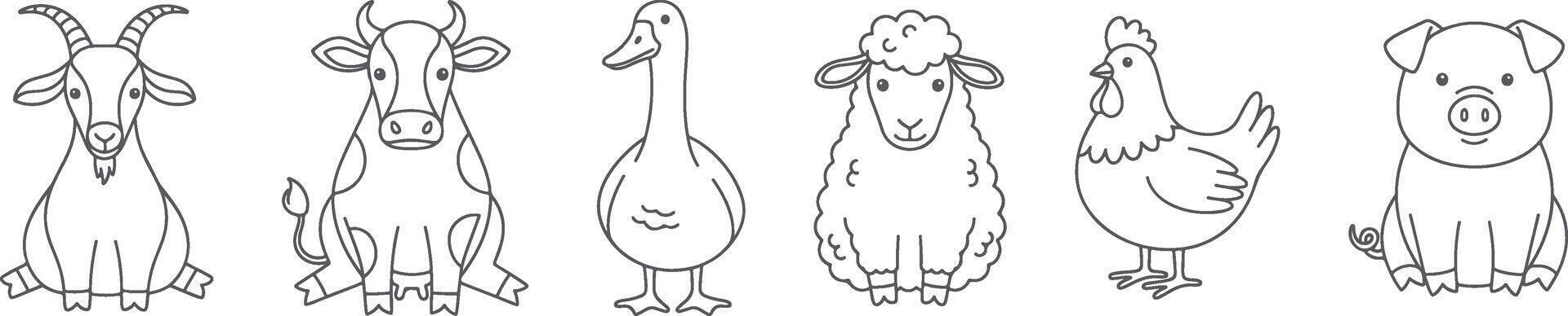 Minimal Farm Animals Line Art Illustration Featuring Goat Cow Goose Sheep Chicken and Pig in Cute Sitting and Standing Poses Perfect for Farm Branding Agriculture Designs vector