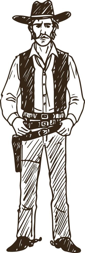 Western Cowboy Standing Tall with Horse and Desert Horizon Illustration vector