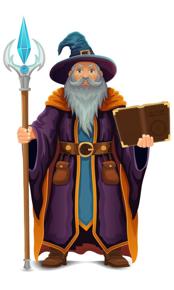 ancient fantasy magic sorcerer wizard witcher elderly man with beard in hat and cape cartoon illustration isolated on white background vector