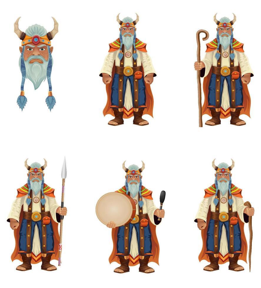 set ancient fantasy magic shaman healer man character cartoon illustration isolated on white background vector