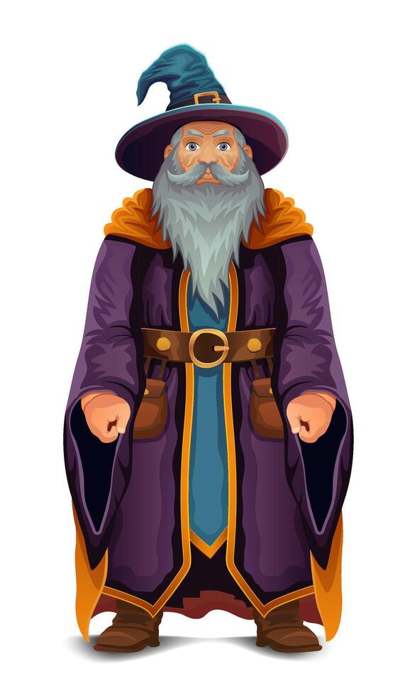 ancient fantasy magic sorcerer wizard witcher elderly man with beard in hat and cape cartoon illustration vector