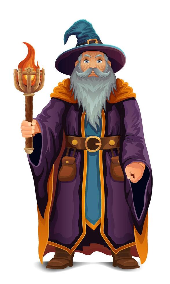 ancient fantasy magic sorcerer wizard witcher elderly man with beard in hat and cape cartoon illustration isolated on background vector