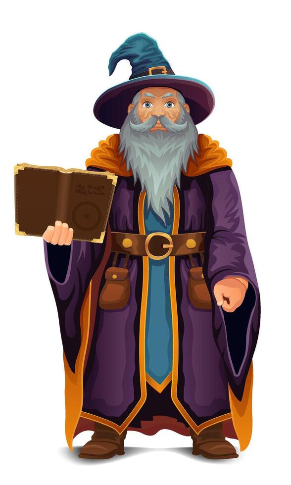 ancient fantasy magic sorcerer wizard witcher elderly man with beard in hat and cape cartoon illustration isolated background vector