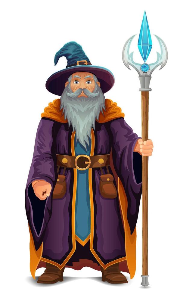 ancient fantasy magic sorcerer wizard witcher elderly man with beard hat and cape cartoon illustration isolated on white background vector