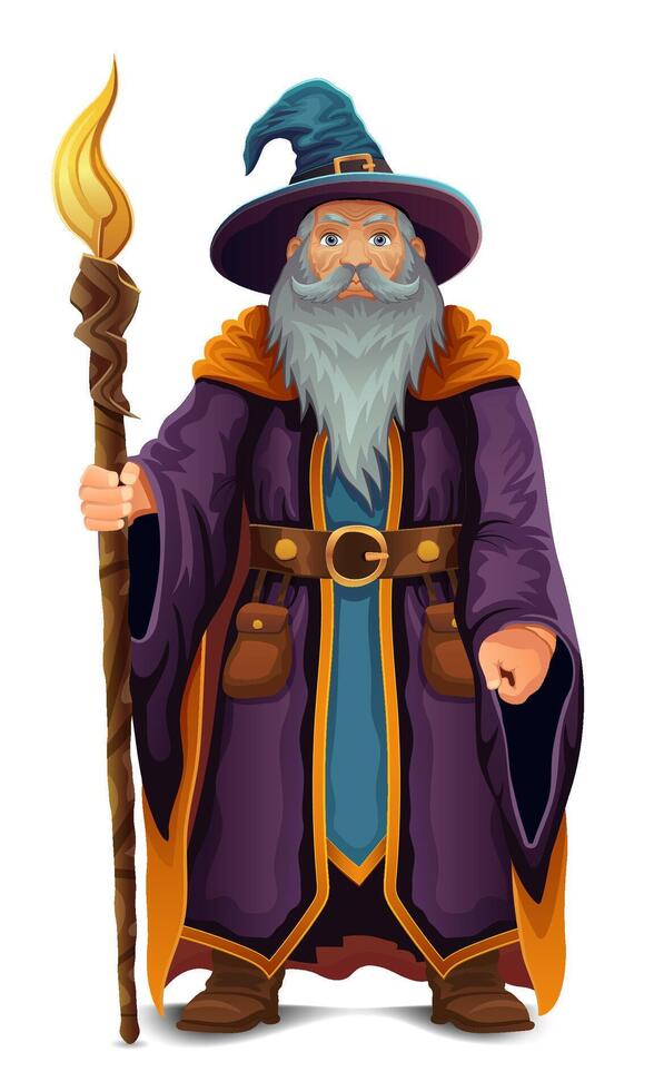 ancient fantasy magic sorcerer wizard witcher elderly man with beard in hat and cape cartoon illustration isolated vector