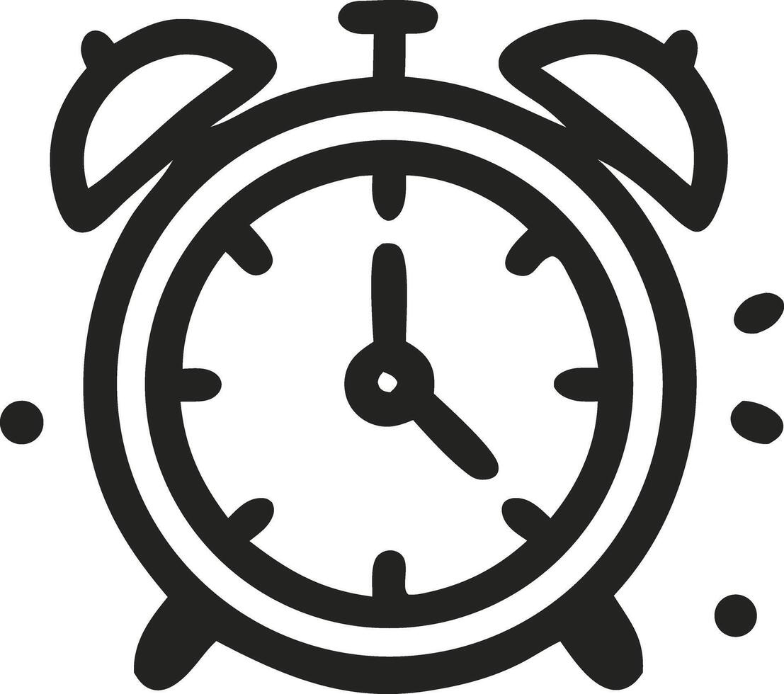 An alarm clock is shown in a black and white illustration vector