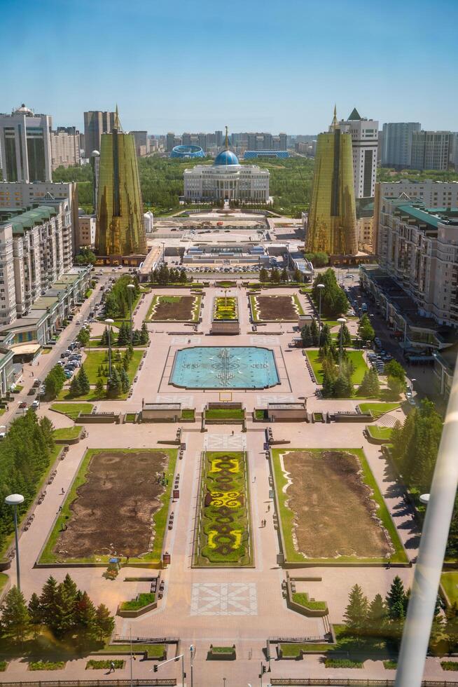 Astana, Kazakhstan - May 21,2025. View from Bayterek to fountain alley and park leading to Ak Orda Palace in Astana Kazakhstan. Urban harmony of landscape design and national symbolism. photo