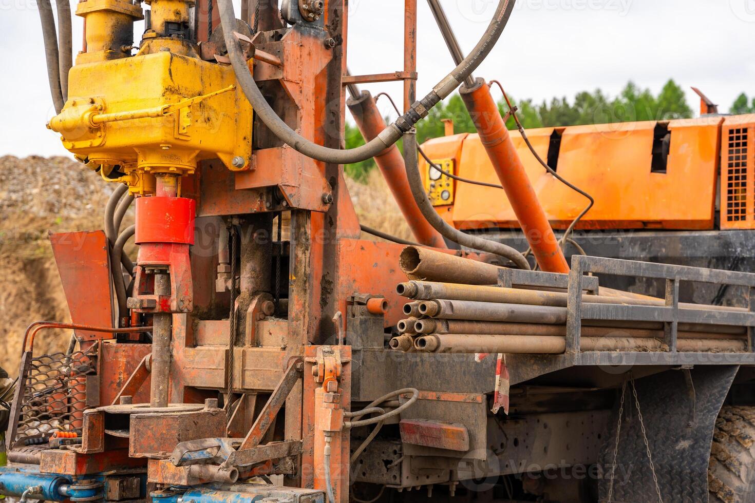 Drilling rig for pile installation and soil sampling. Heavy geotechnical equipment used for subsurface investigation and foundation works. High quality photo