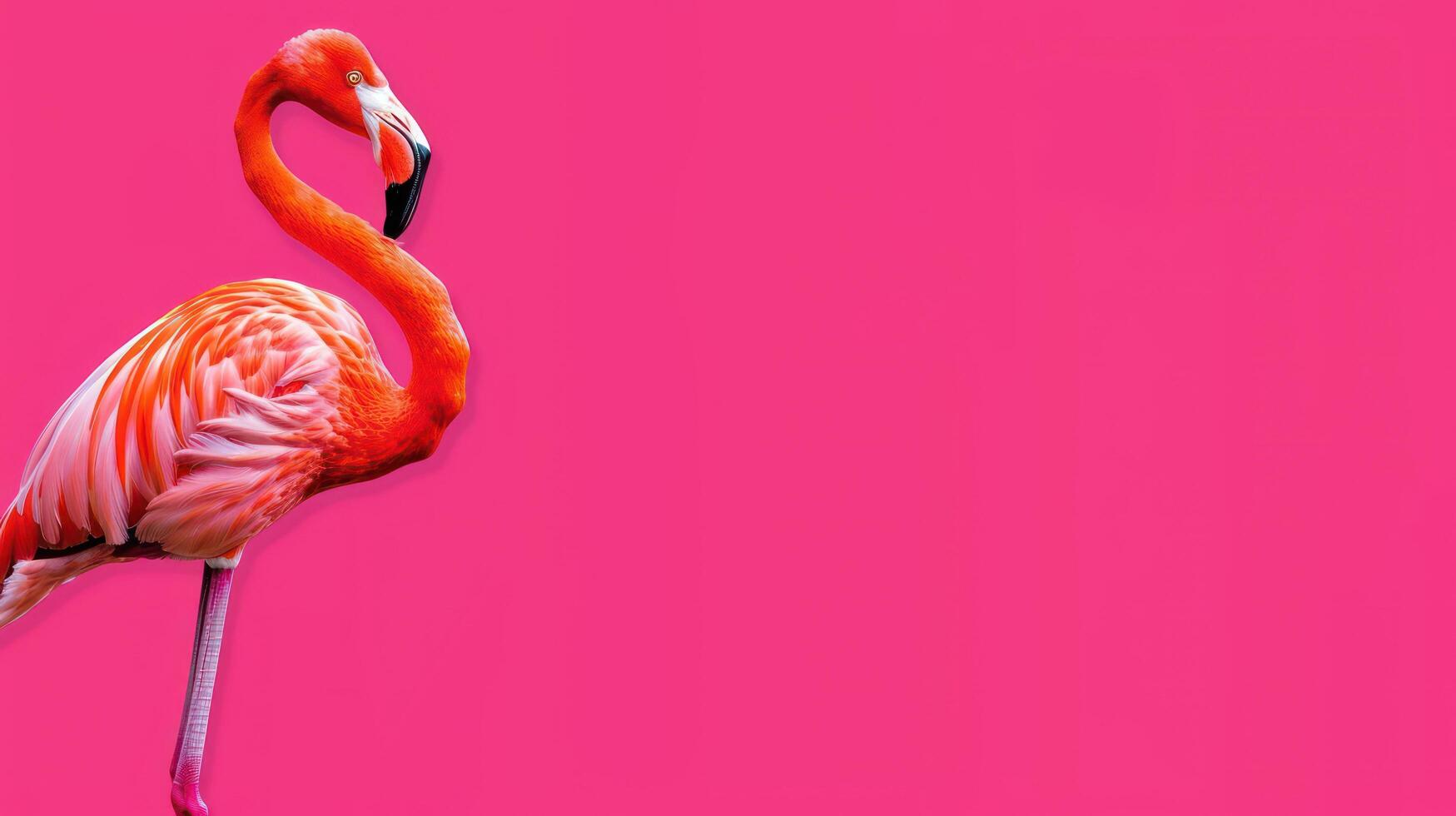 Elegant Flamingo Standing Gracefully Against Vibrant Pink Background with Ample Copy Space, Tropical Bird Photography, Exotic Wildlife, Nature and Colorful Feather Detail photo