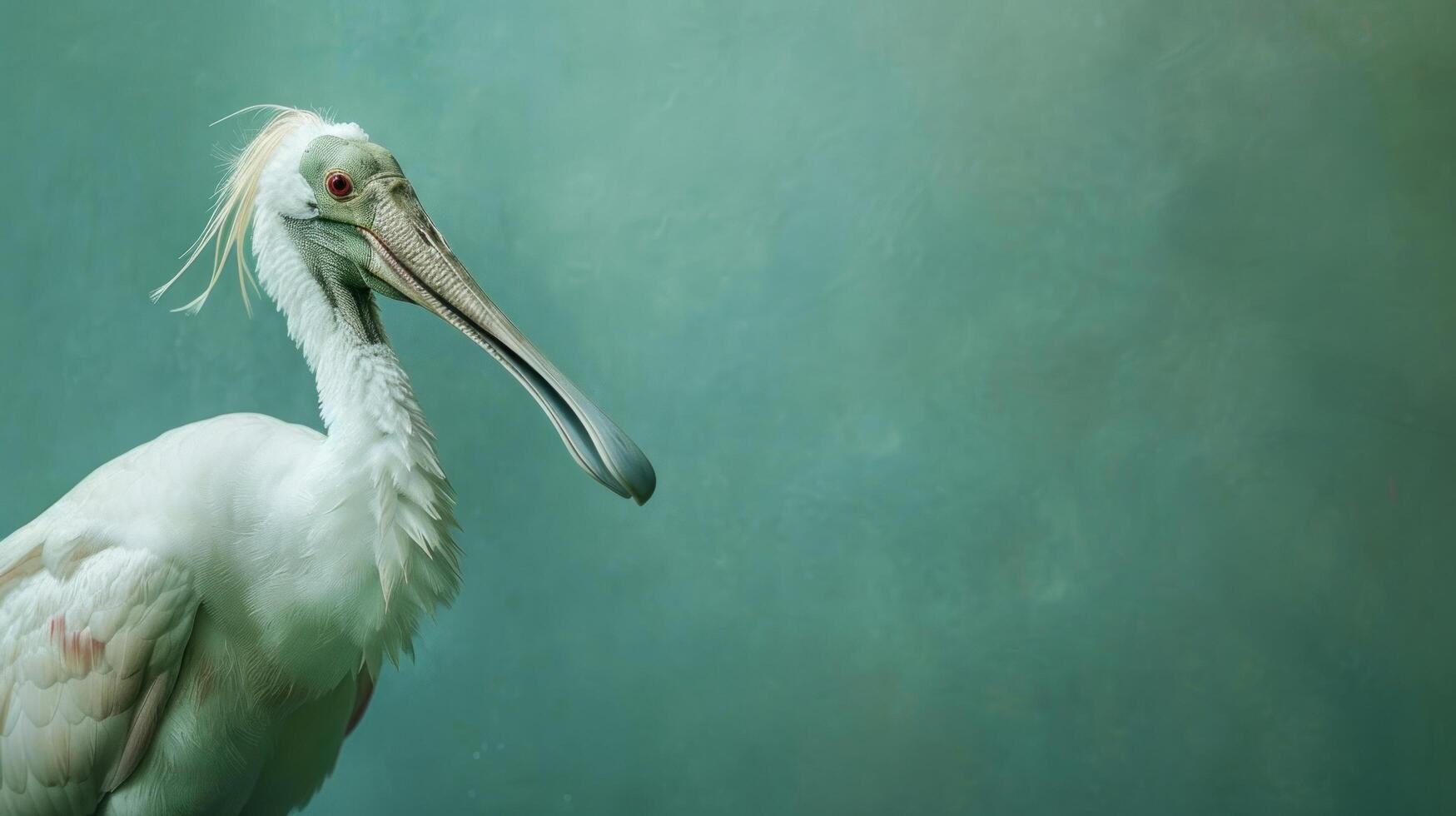 Elegant White Bird with Unique Feather Crest Profile on Soft Green Background with Copy Space, Exotic Water Bird Close-up, Wildlife Photography, Nature and Serenity photo