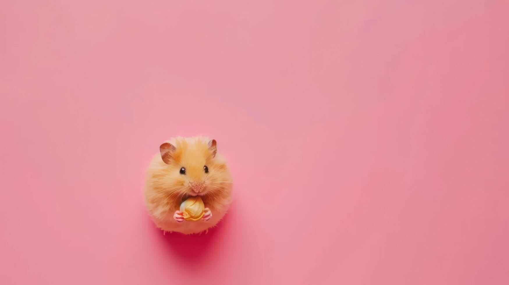 Cute Fluffy Hamster Holding a Nut Treat on Pink Background, Adorable Small Pet Rodent with Bright Eyes, Whiskers Detail, Soft Pastel Color Setting with Copy Space photo