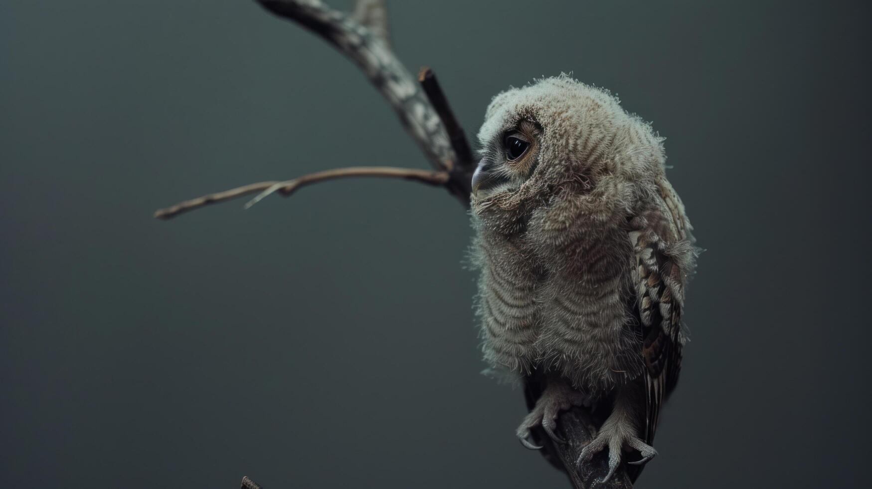 Fledgling Owl Perched on Branch with Soft Feather Detail Against Dark Background, Wildlife Photography, Baby Owl Close-up with Copy Space for Text, Nature and Bird Watching photo