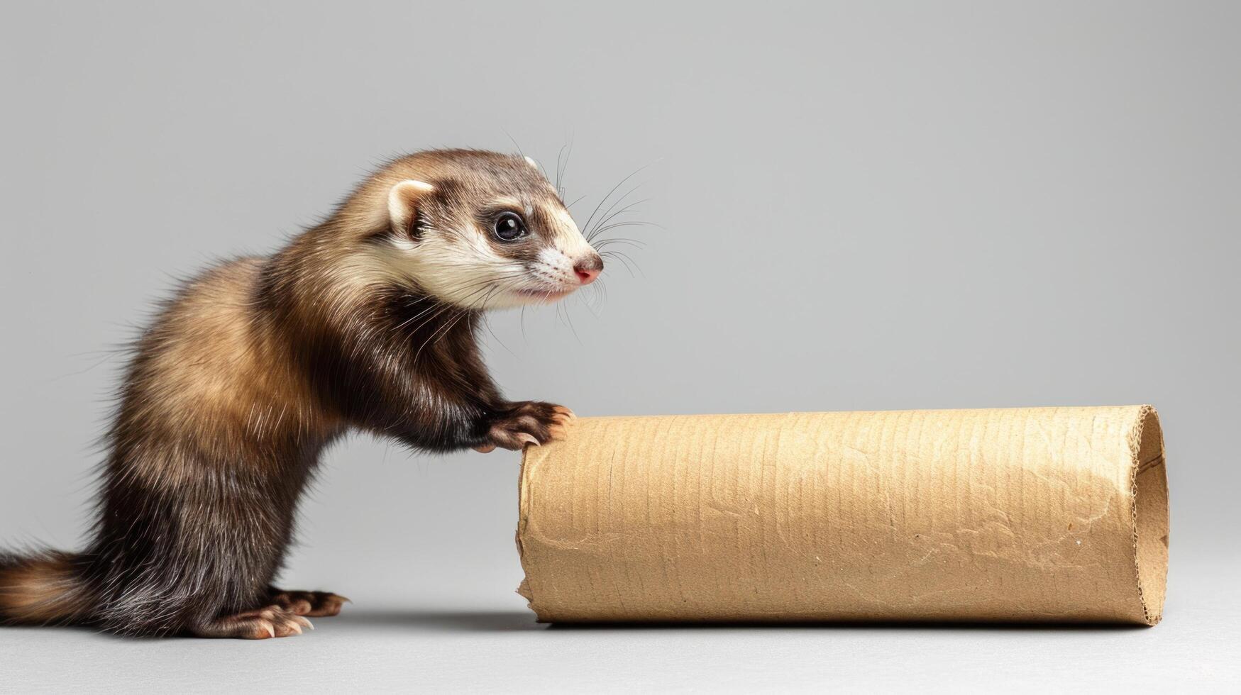 Playful Ferret Engaged with Cardboard Tube on Grey Background with Ample Copy Space, Cute Small Mammal Portrait, Pet Behavior, Wildlife and Nature Photography Concept photo