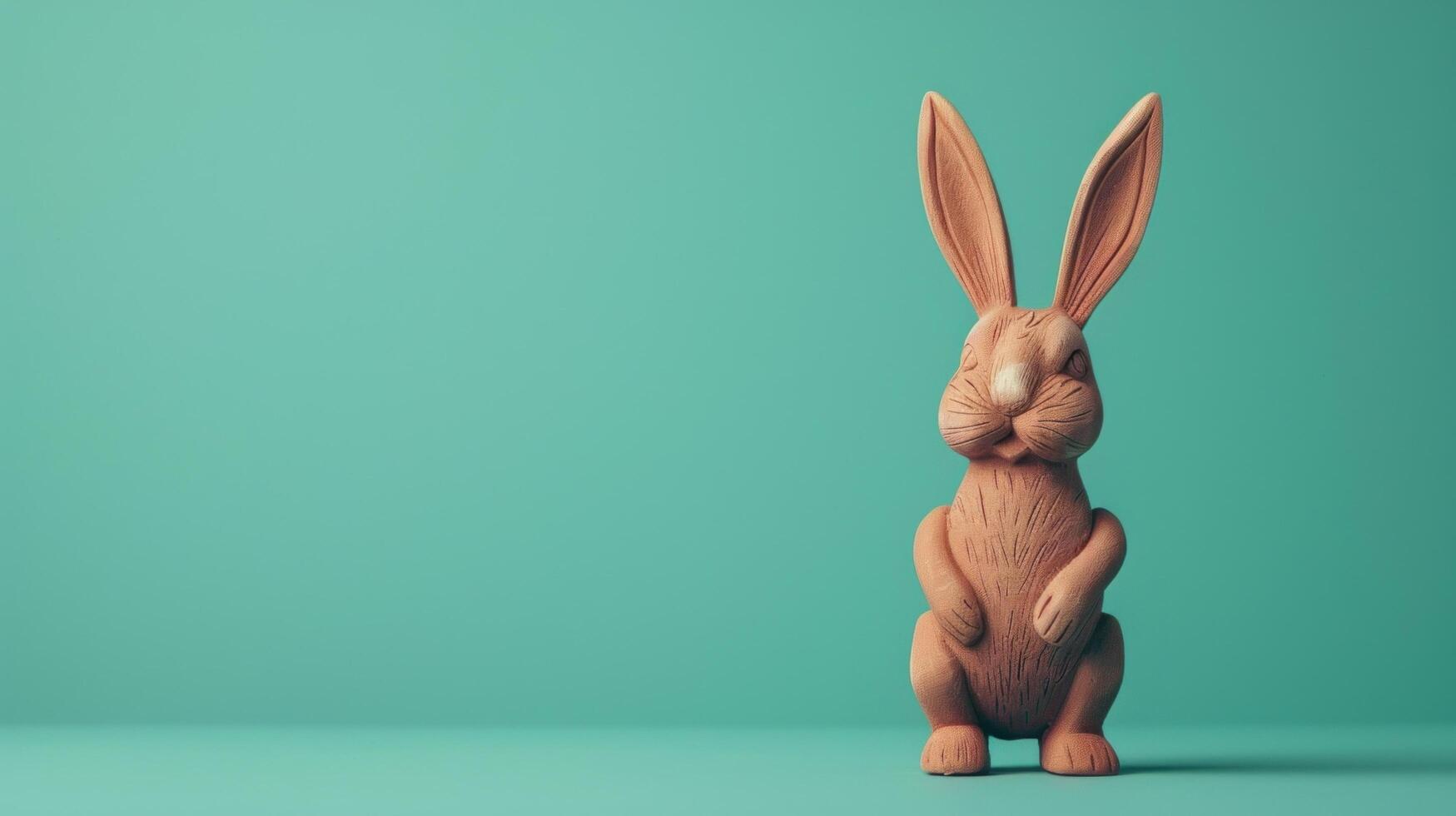 Unique Easter Bunny Figurine with Copy Space on Teal Background, Spring Holiday Decoration, Cute Rabbit Sculpture for Seasonal Design and Marketing photo