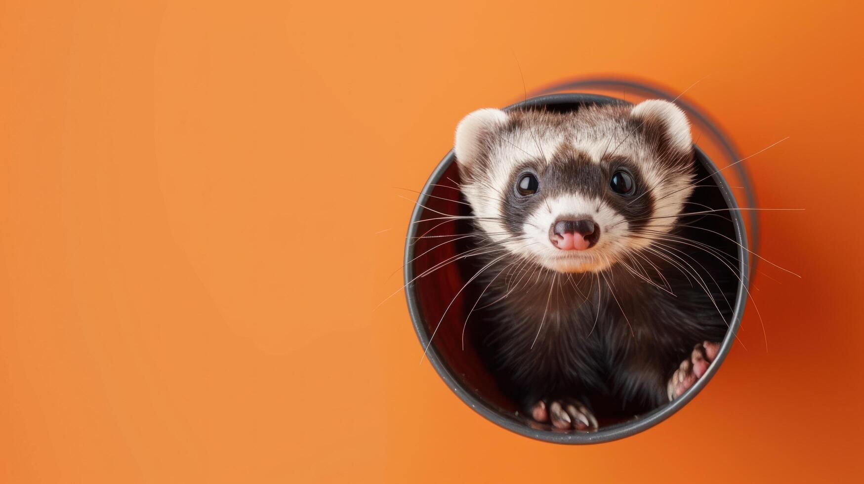 Curious Ferret Peeking Out of Black Cylinder with Bright Orange Background and Copy Space, Playful Small Mammal Portrait, Wildlife Photography, Nature and Cute Animal Concept photo