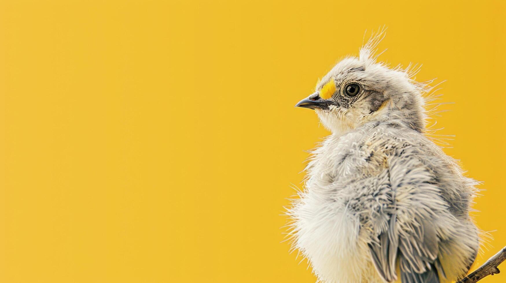 Fluffy Baby Bird Perched on Branch with Bright Yellow Background, Cute Chick Close-up, Feather Detail, Wildlife Photography, Nature Portrait with Copy Space photo