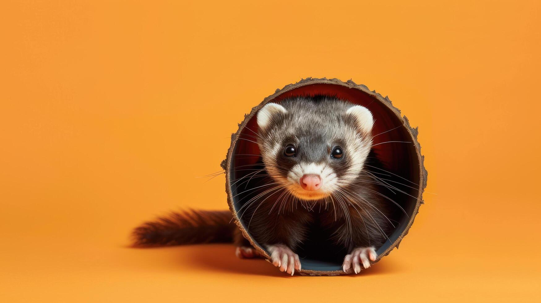 Playful Ferret Peeking Out from Tube with Bright Orange Background and Copy Space, Cute Small Mammal Portrait, Wildlife Photography, Nature and Curious Animal Concept photo