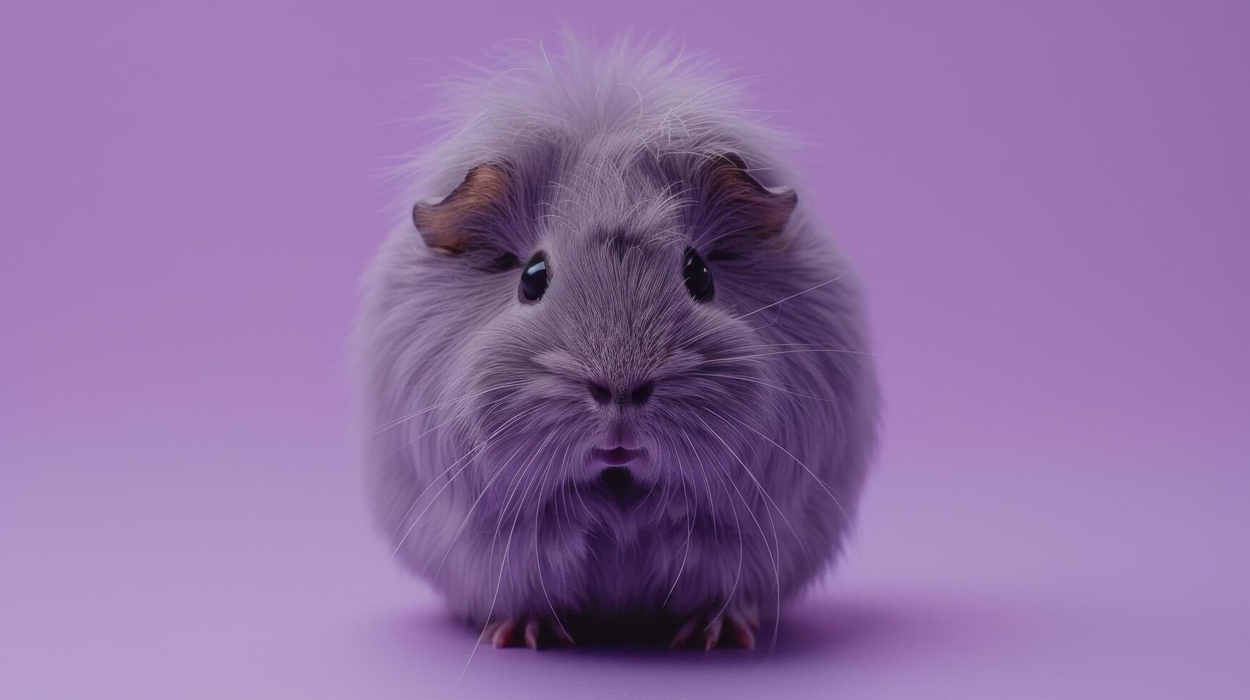 Fluffy Guinea Pig Sitting on Purple Background, Cute Small Pet Portrait with Soft Fur and Big Eyes, Adorable Rodent Closeup Photography photo