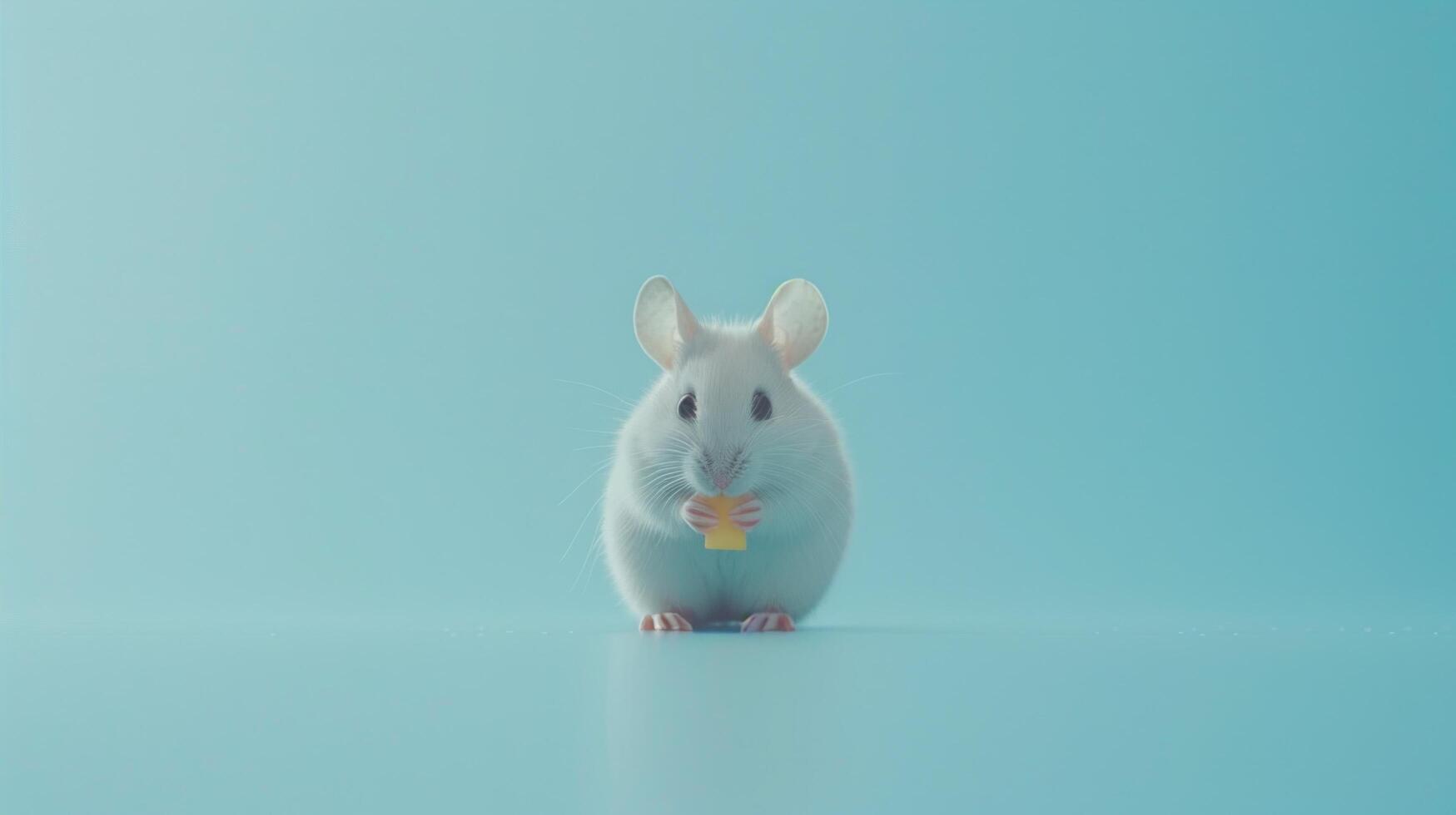 Cute Fluffy White Mouse Eating Cheese on Bright Blue Background, Adorable Rodent Pet with Soft Fur and Whiskers, Captivating Animal Portrait, Copy Space photo