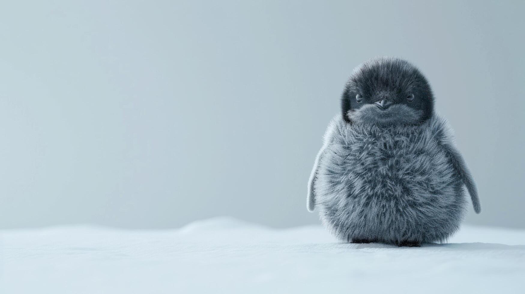 Penguin Chick Standing on Snowy Surface with Soft Blue Background, Cute Baby Bird Portrait, Wildlife Photography with Copy Space photo
