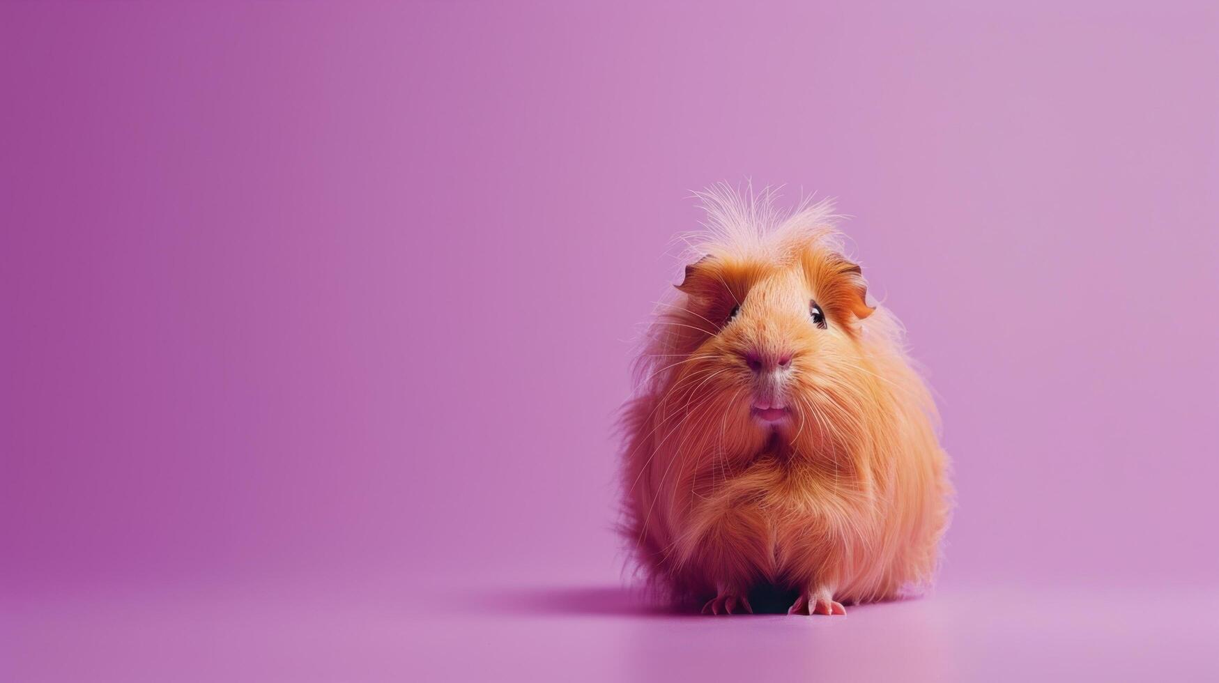 Fluffy Guinea Pig with Soft Fur on Purple Background, Cute Small Pet Rodent Closeup Portrait, Adorable Animal Face with Whiskers and Big Eyes, Copy Space for Text photo