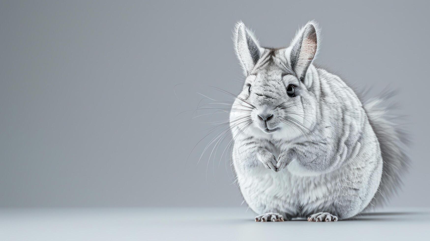 Fluffy Gray Chinchilla Sitting on Gray Background, Cute Exotic Pet Portrait with Soft Fur and Big Eyes, Adorable Rodent Closeup Photography, Copy Space for Text photo