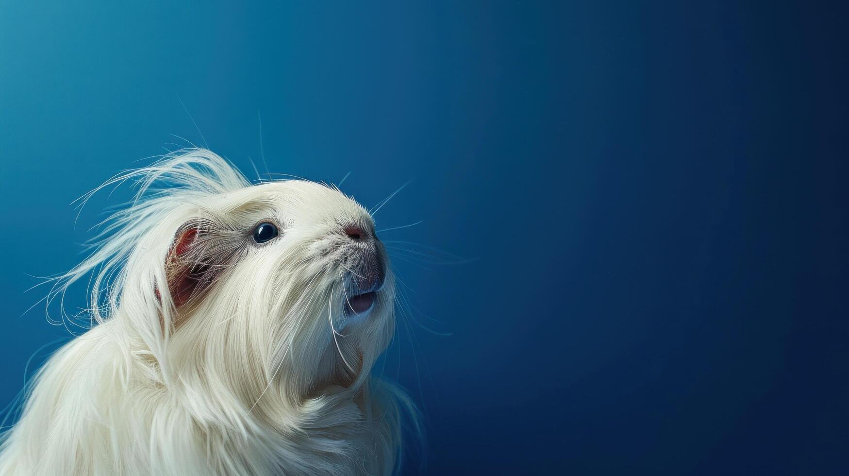 Fluffy White Guinea Pig with Long Hair Looking Upwards on Blue Background, Cute Small Pet Rodent with Whiskers and Expressive Eyes, Adorable Animal Portrait with Copy Space photo
