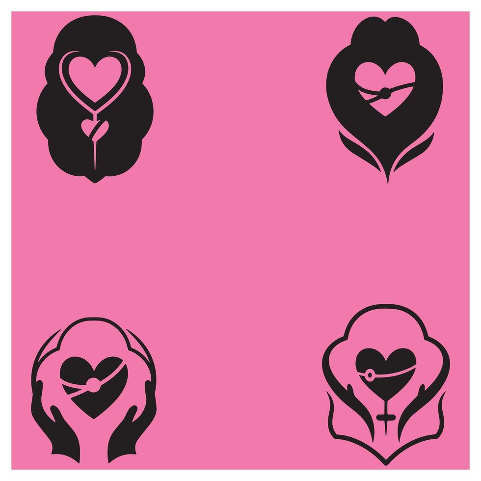 Elegant black and pink graphic designs showcasing love and care with heart shapes and symbols vector