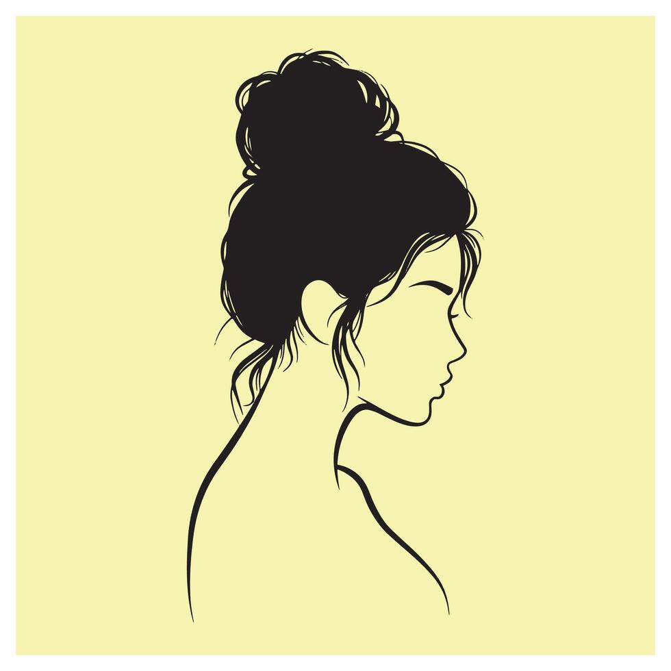 Minimalist illustration of a woman with a bun hairstyle in profile on yellow background vector