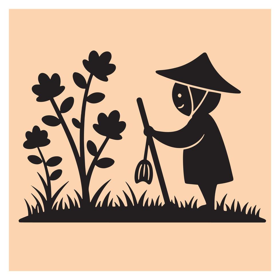 Silhouette illustration of a farmer working in the garden near flowers and grass with a straw hat vector