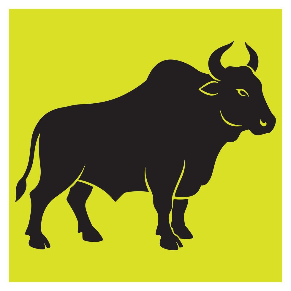 Black silhouette of a powerful bull on a yellow background animal illustration vector