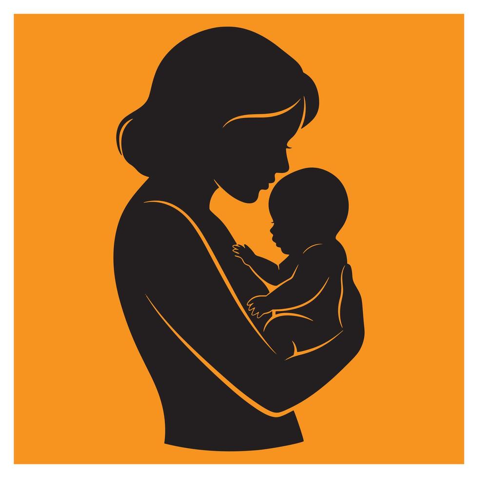 Silhouette of a mother holding her baby representing motherhood and family on orange background vector