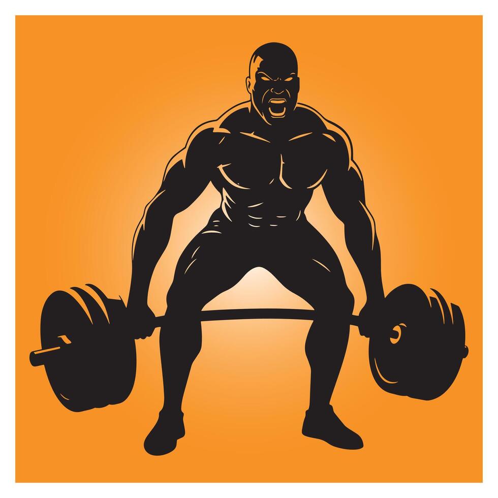 Silhouette of a strong man lifting heavy barbell during weightlifting exercise orange background vector