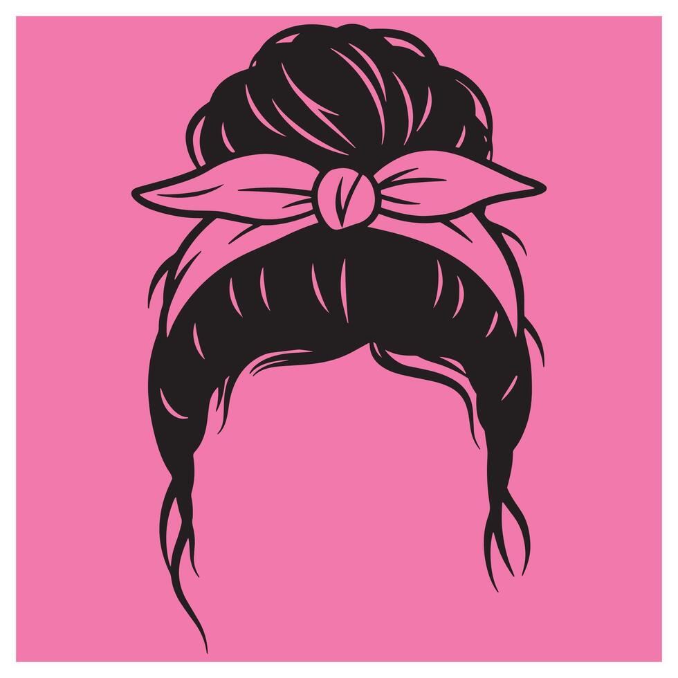 Stylish black hair in a messy bun with a pink bandana on a bold pink background vector