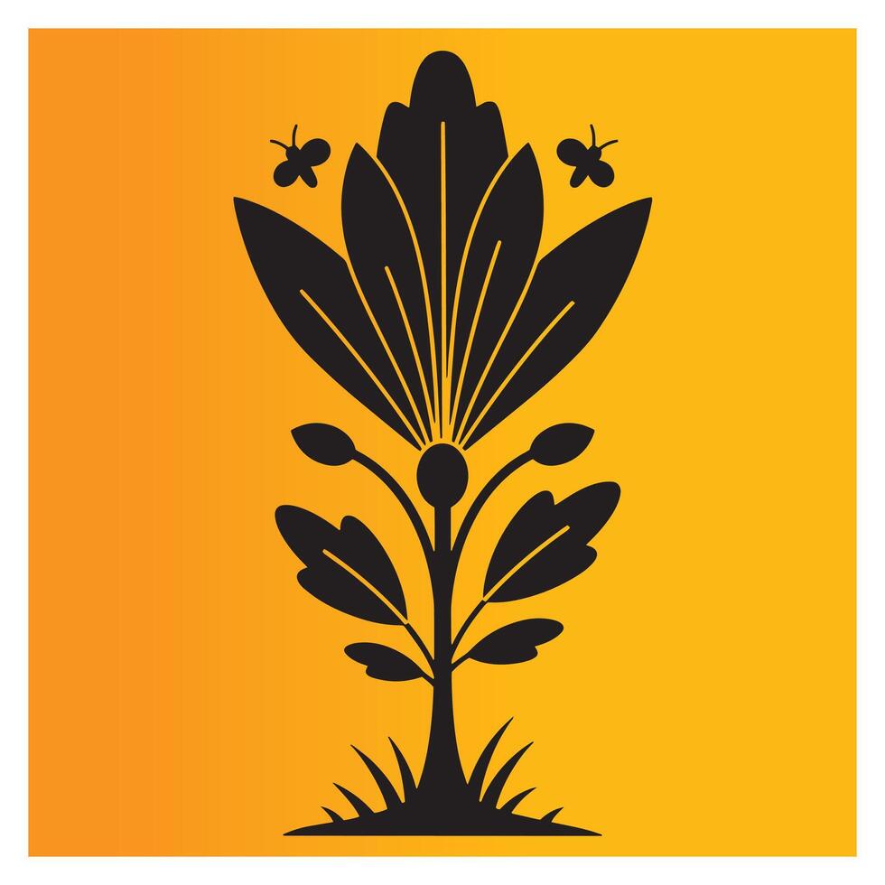 Elegant silhouetted floral design with accent bees on vibrant yellow orange background vector