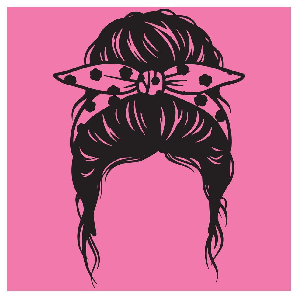 illustration of a messy bun hairstyle with a floral bow against a pink background vector