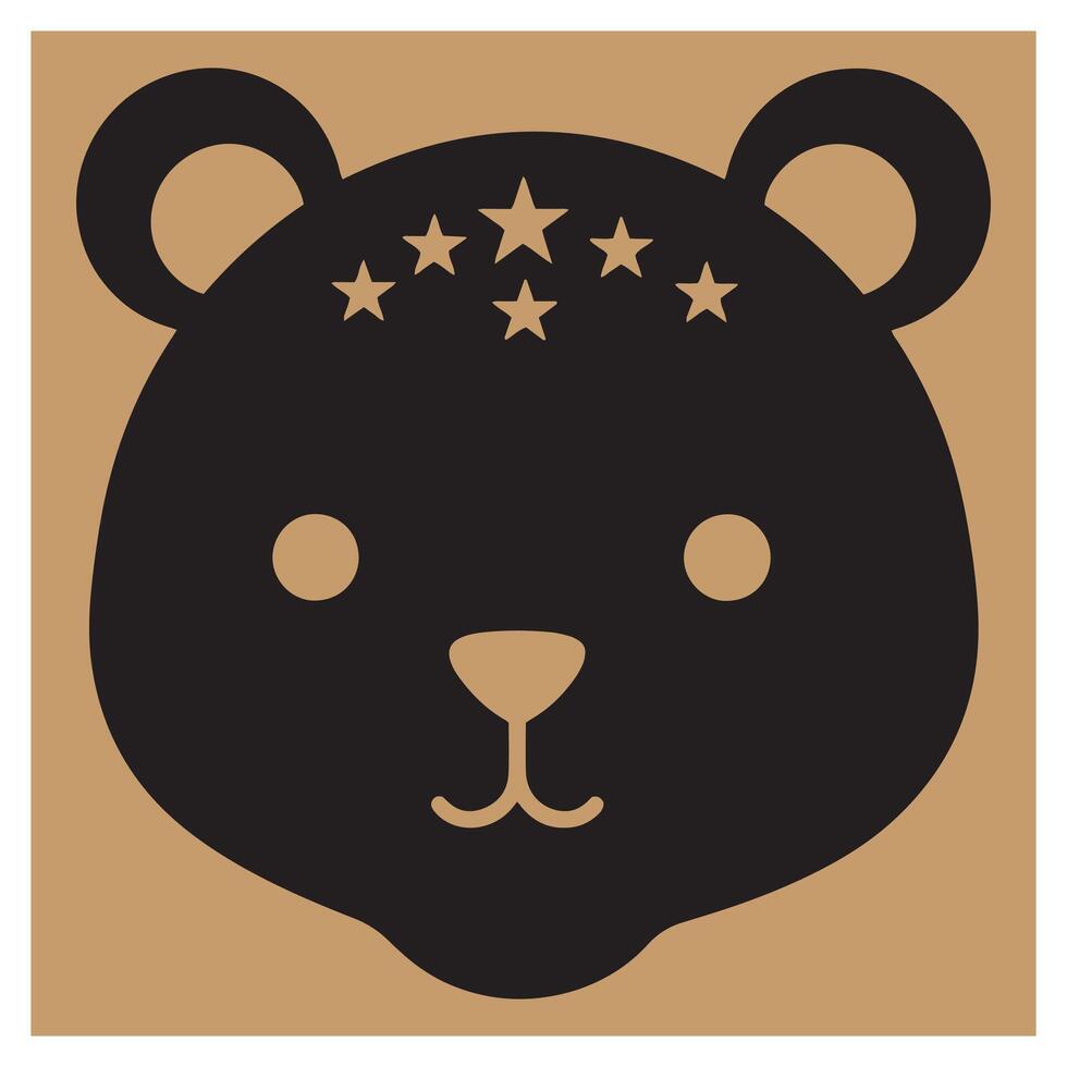 Adorable illustration of a black bear face decorated with golden stars on tan background vector