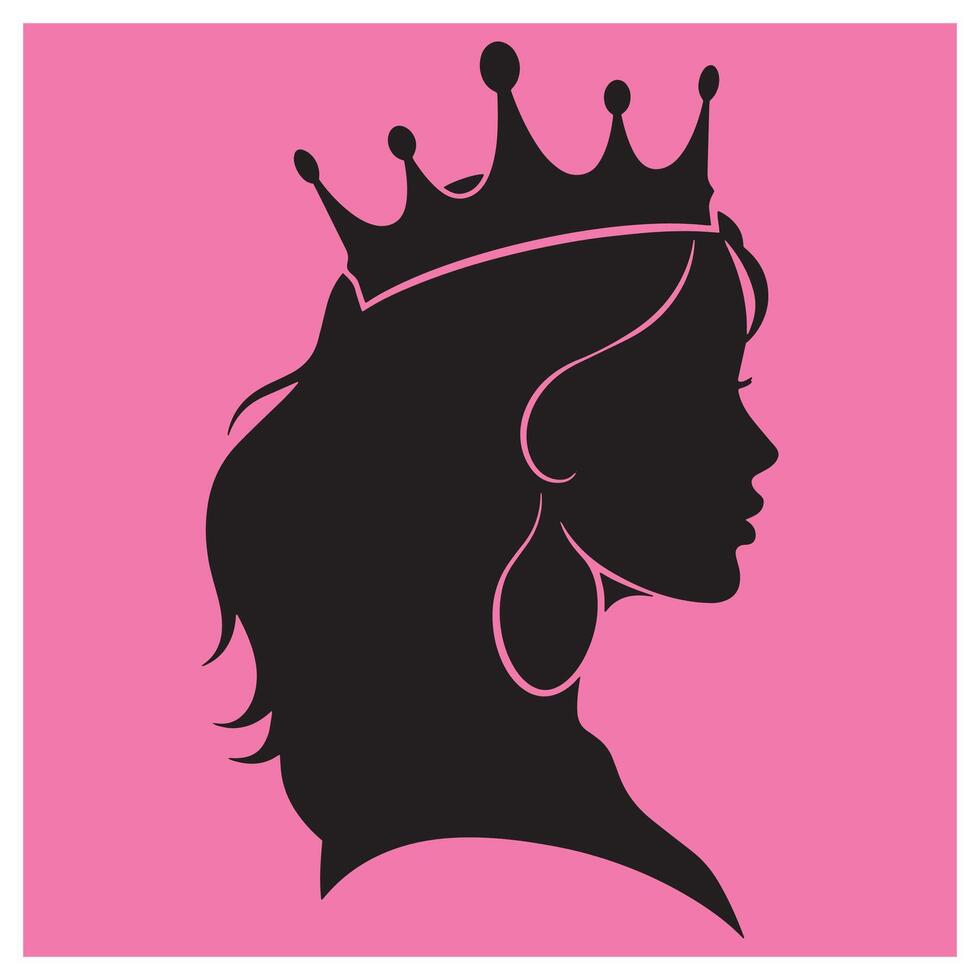 Silhouette of a queen with crown and earrings on pink background vector