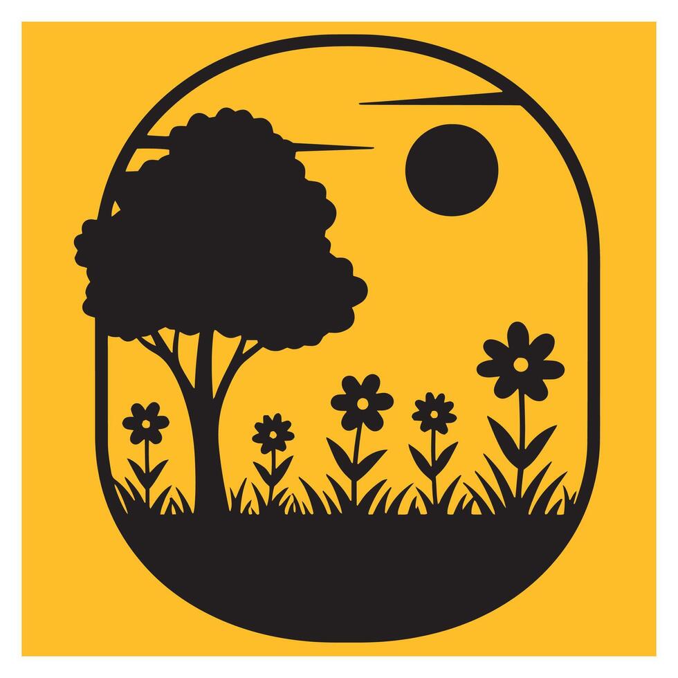 Minimalist landscape silhouette illustration featuring a tree flowers and sunny sky in oval frame vector