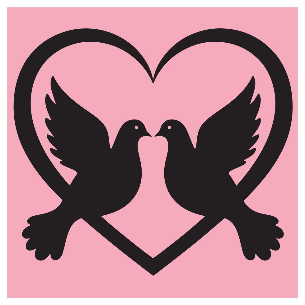 Silhouette of two doves nestled within a heart symbolizing love and wedding theme vector