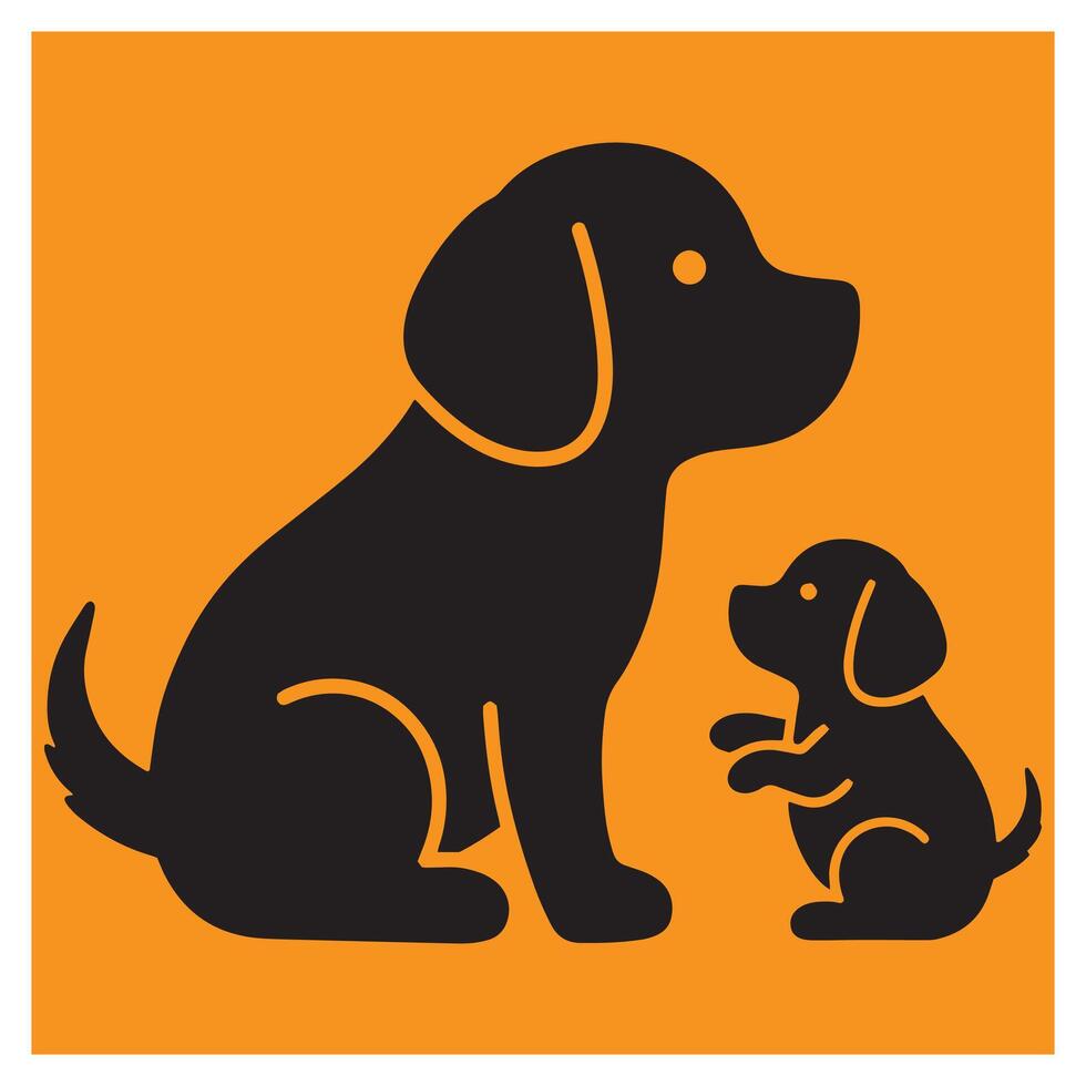 Simple illustrated black dogs large and small puppy on orange background design vector
