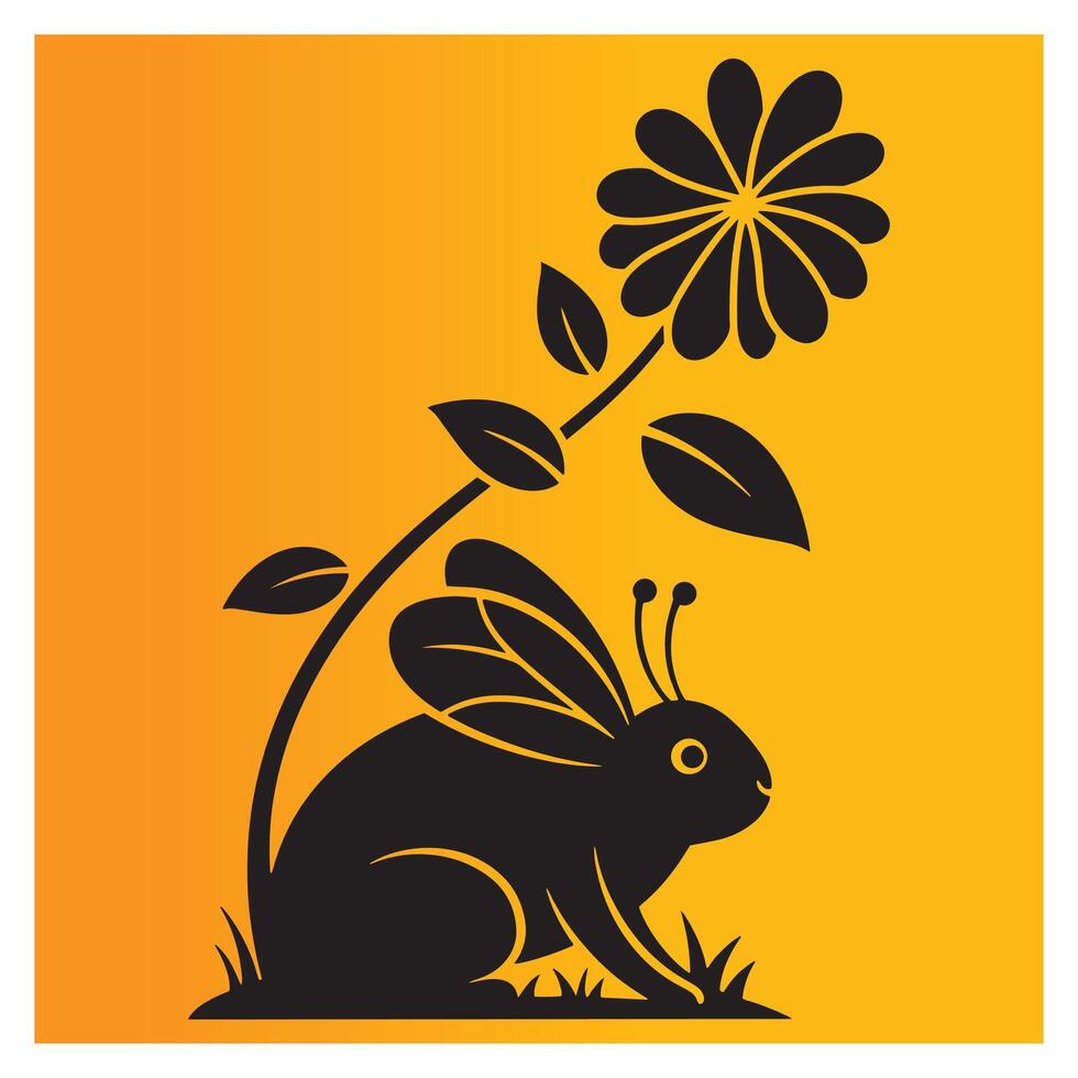 Silhouette of a bunny with floral elements on orange background illustration vector