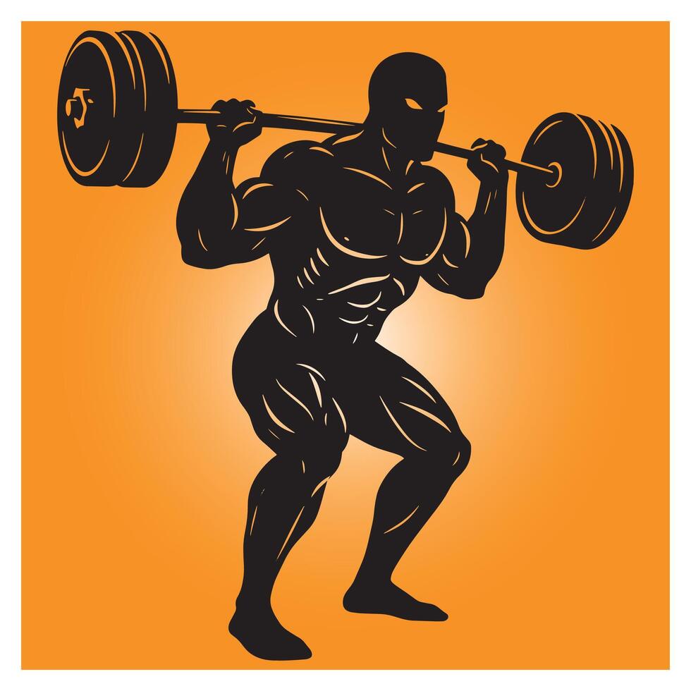 Silhouette of a muscular man performing squats with heavy barbell on orange background vector