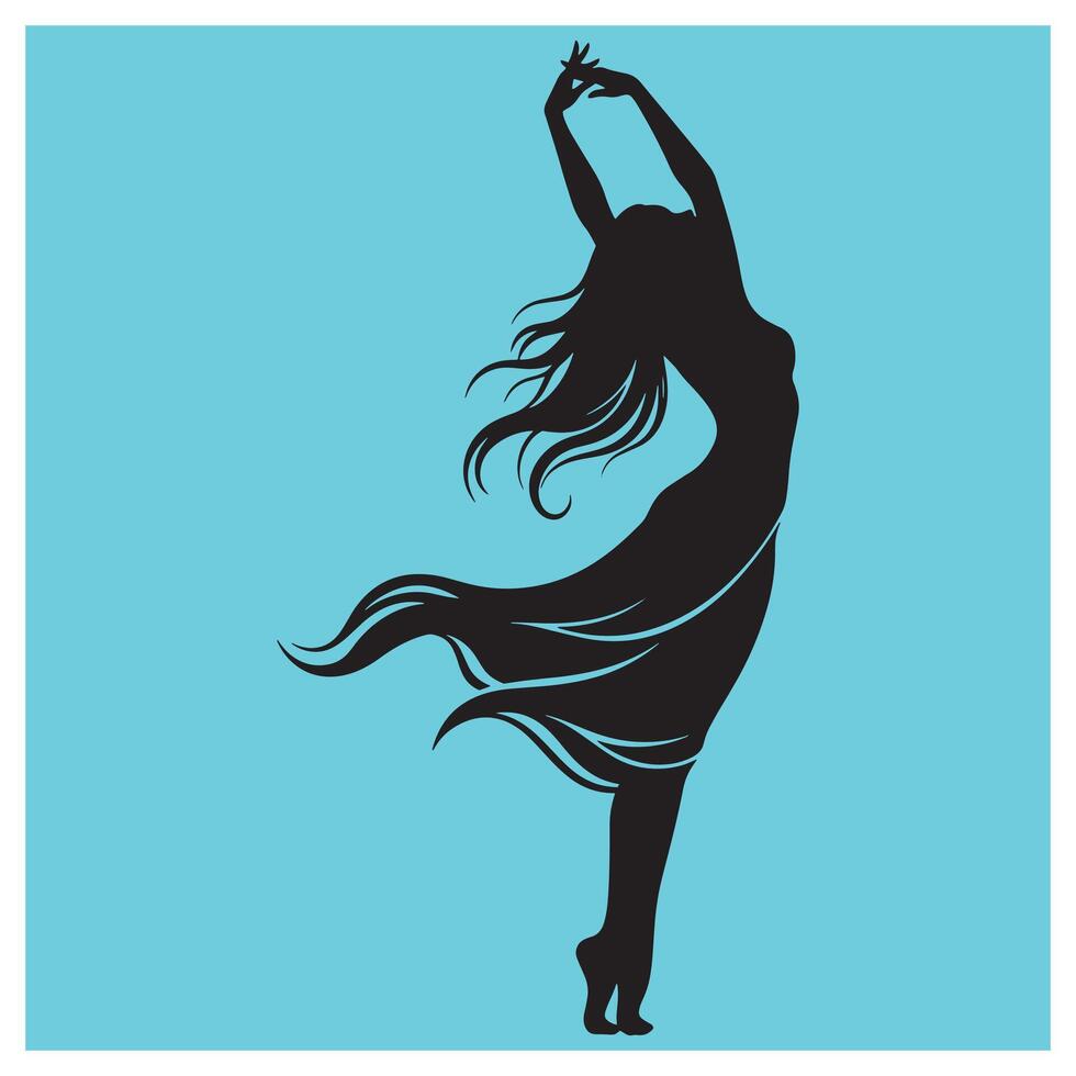 Silhouette of a dancing woman with flowing hair and dress on a blue background vector