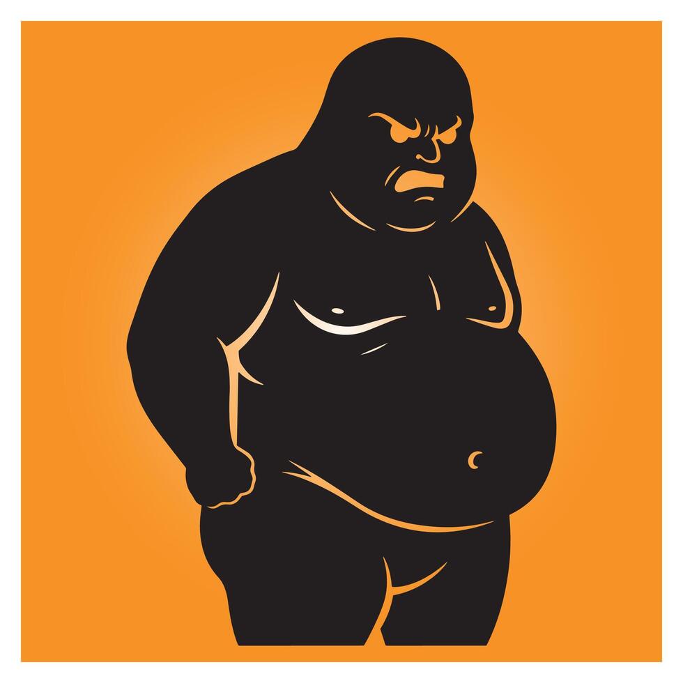 Angry overweight silhouette character with negative emotions and dark black outline on orange background vector