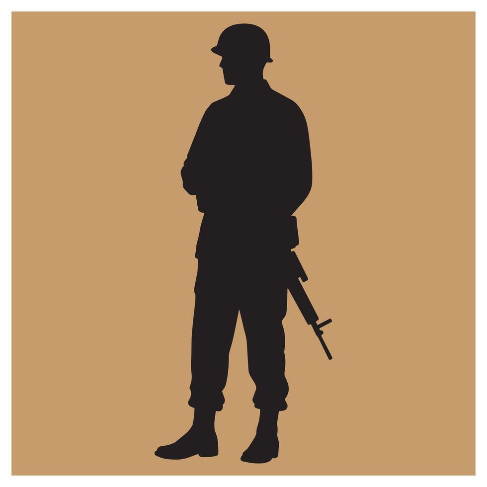 Silhouette of a standing soldier armed with a rifle against a tan background vector
