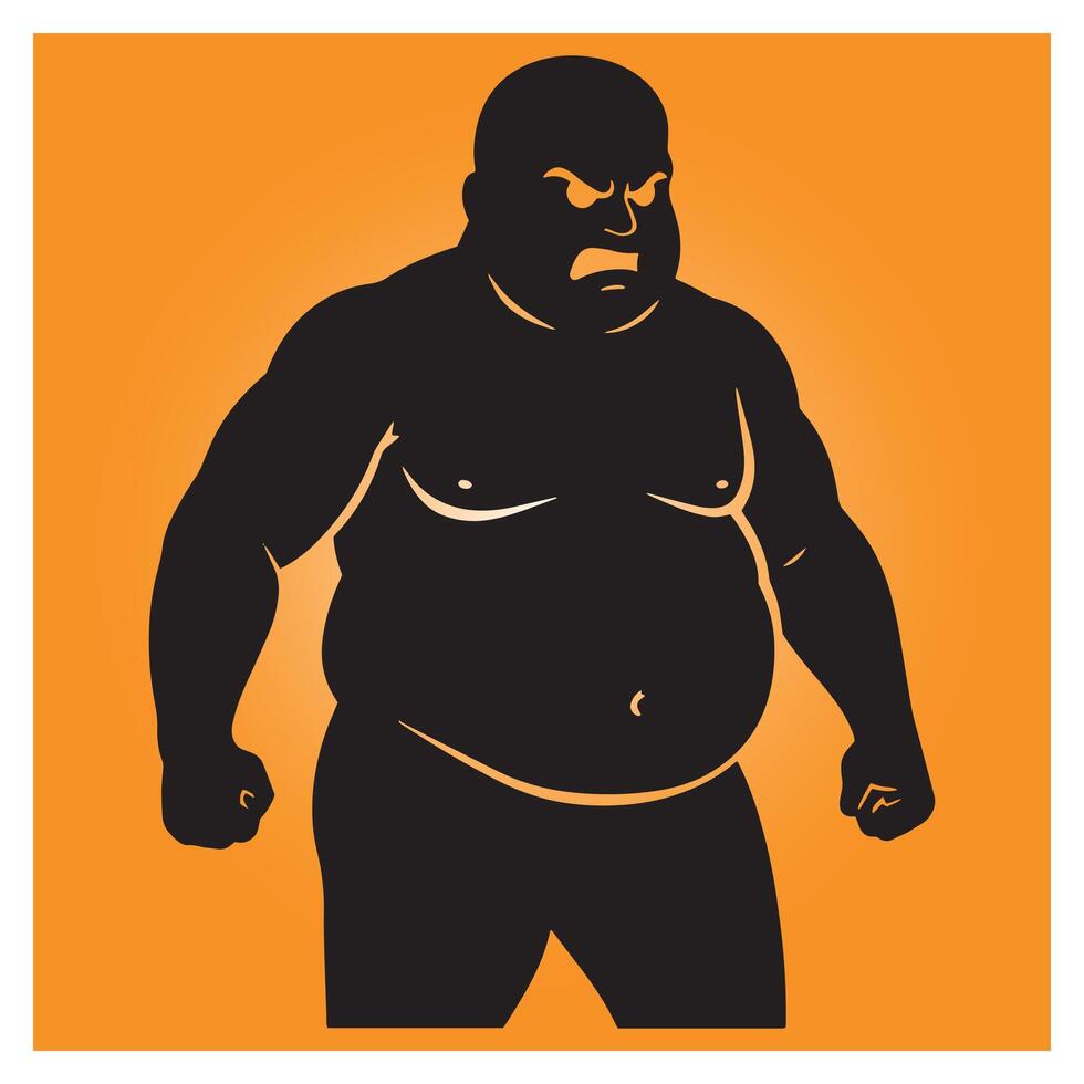 Angry overweight man silhouette in black on orange background illustration vector