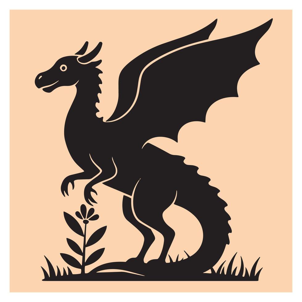 Stylized black dragon silhouette with wings standing near a simple flower illustration vector