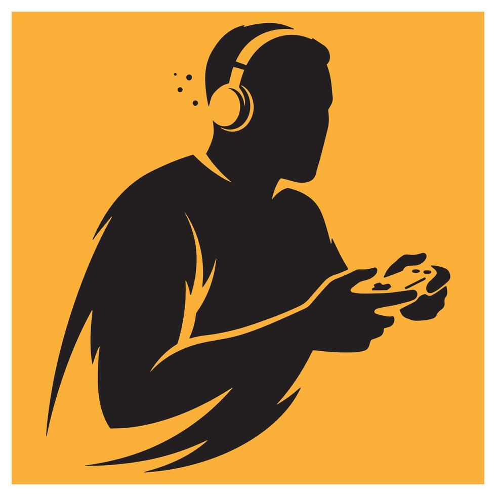 Silhouette of a gamer wearing headphones holding a controller on yellow background vector