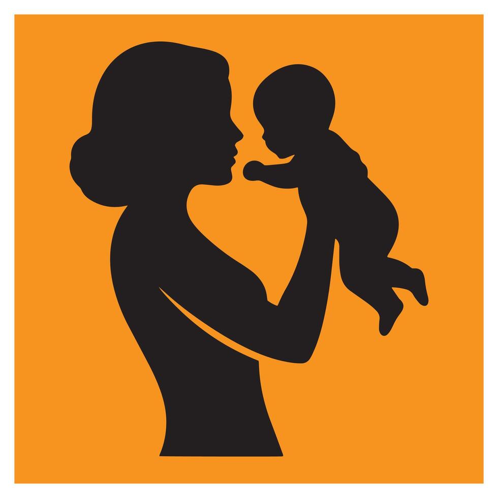 Silhouette of a mother holding her baby upwards against an orange background vector